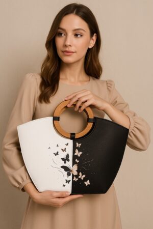 شنطة جلد طبيعي عالي الجودة بتصميم ورسم يدوي – أبيض/أسود