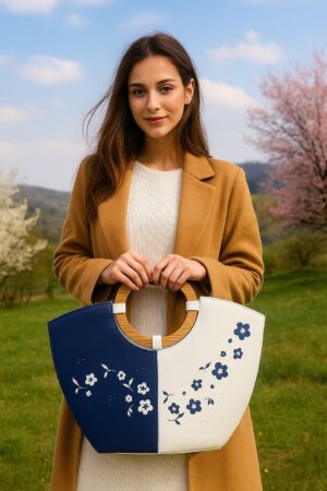 شنطة جلد طبيعي عالي الجودة بتصميم ورسم يدوي – أبيض/كحلي